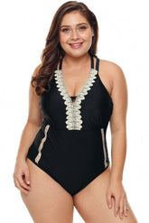 Black Plus Size V Neck Cutout One Piece Swimsuit